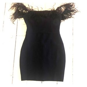 Black mini off the shoulder dress with feathers